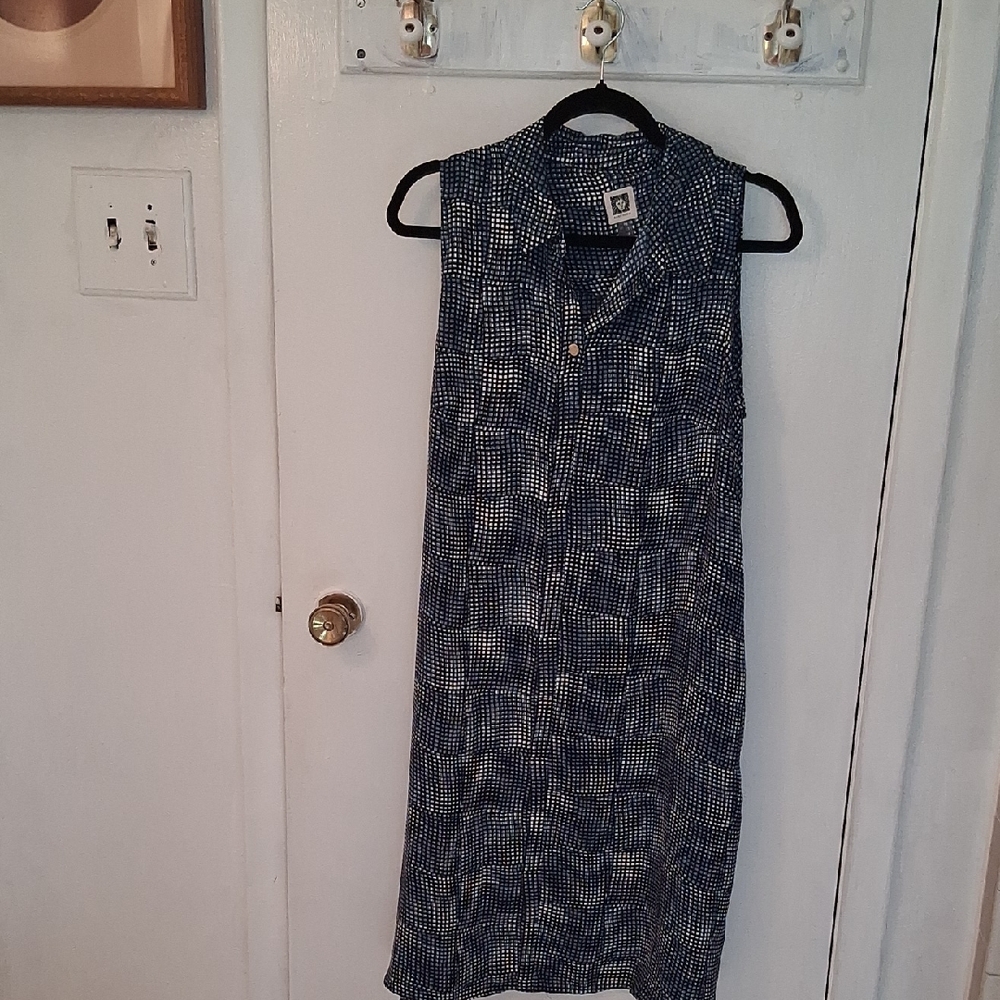 Anne Klein Navy and White Checkered Blouse